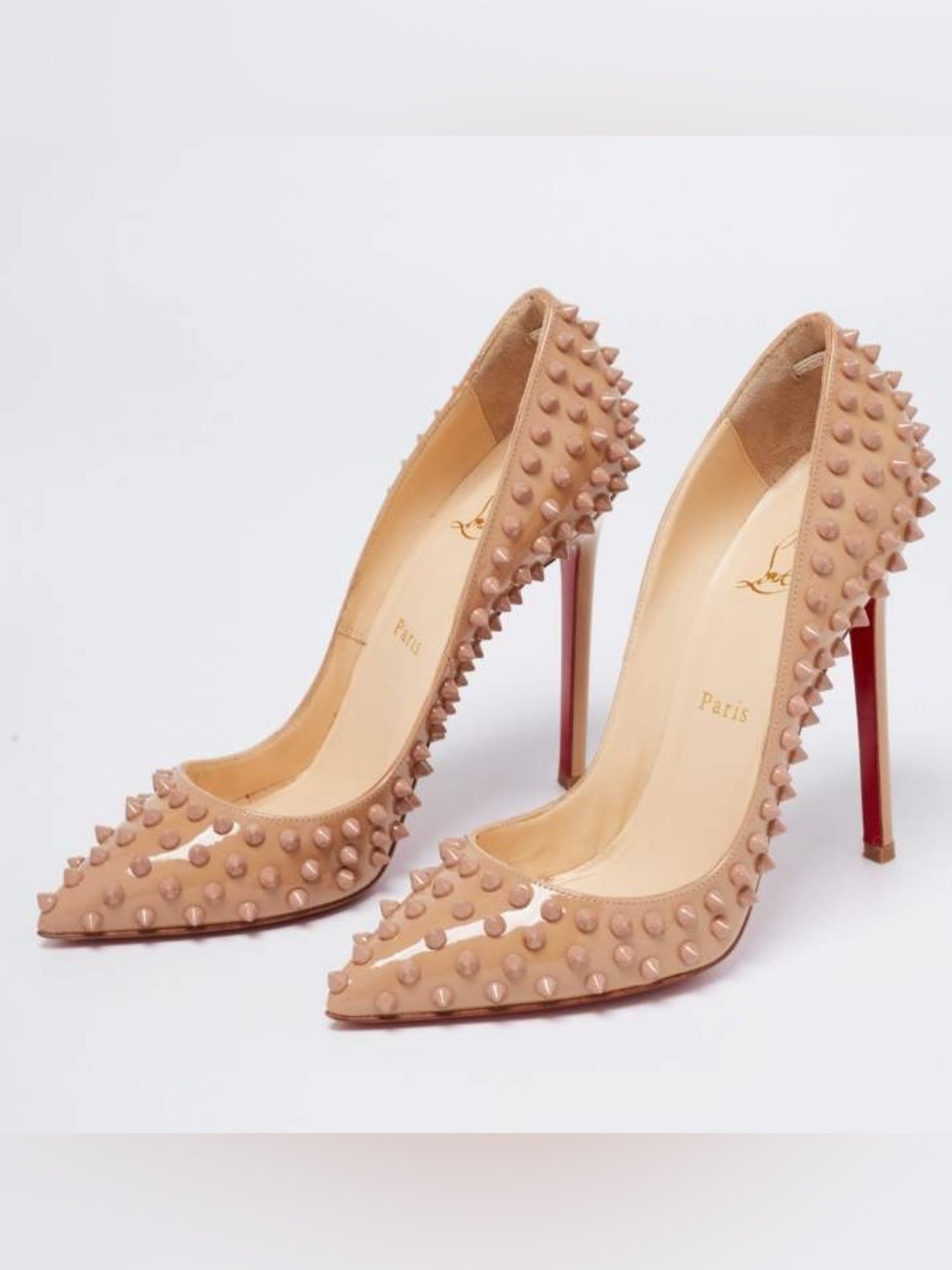 Christian Louboutin Pigalle Spikes 120 Pointed Toe Nude Leather Pumps Heels 7/37